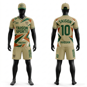 Uniforme de Fútbol para Hombre, Tela de Poliéster de 150 GSM que Absorbe la Humedad, Paneles Geométricos Beige, Verde y Naranja, Kit de Uniforme con Estampado Personalizado - Product Image 1