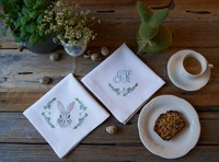 Serviettes de table en lin brodées monogrammées avec ourlet festonné, motif lapin de Pâques, personnalisables (couleur, taille), style japonais, pour la maison, avec logo personnalisé