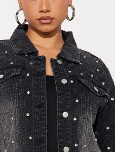 Chaqueta Vaquera Corta Personalizada con Pedrería para Mujer, Chaqueta Vaquera Clásica Informal Elástica de Manga Larga con Cuello Camisero para Otoño - Product Image 3