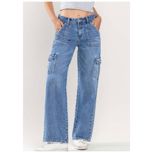 Pantalon décontracté à jambes larges avec design cargo ample, jean droit en denim de haute qualité pour femmes - Product Image 5