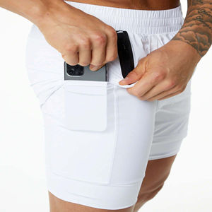 Venta superior Pantalones cortos deportivos de doble capa para hombre Banda de cintura elástica Entrenamiento Pantalones cortos para correr Patrón sólido Diseñado para Fitness - Product Image 4