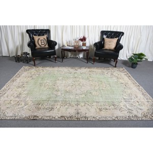 Vintage 6ft 7in X 9ft 8in tapis turc vert Beige Patchwork laine tissage plat pour salon classique décor 4m largeur Latex - Product Image 3