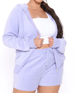 Autumn Winter Solid Color New Round Neck Cotton <b>Pink</b> Ladies <b>Jumper</b> Hoodie Set Women 2 Piece Shorts Set - Product Image 2