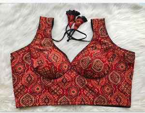 Ajrakh V neck sleeveless <b>Readymade</b> cotton stitched padded Ethnic <b>Blouse</b> Indian Partywear cotton <b>Saree</b> matching wholesale India - Product Image 2