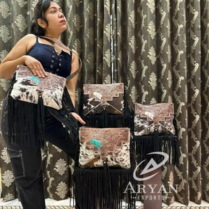 Indian Luxurious Western Cowhide Hair On Women Luxury Crossbody Sling Bag with Hand <b>Tooled</b> Floral & Designer Ready to Stock Bags - Product Image 1