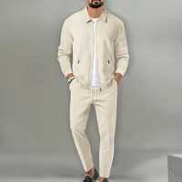 Ensemble de survêtement en coton pour homme, respirant, tricoté, uni, décontracté, veste zippée, pantalon de jogging, deux pièces