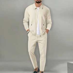 Men Cotton Tracksuit Breathable Knitted Solid Casual Zip Jacket <b>Jogger</b> Pants Two Piece Set - Product Image 1