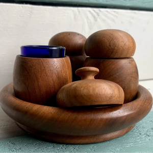 Juego de sal, pimienta y mostaza de madera de teca con bandeja a juego, juego de especias de madera con bandeja, soporte para sal, pimienta y mostaza de teca - Product Image 1