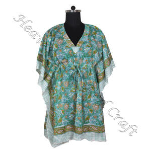 100% coton femmes vêtements de nuit main bloc imprimé caftan robes KFCS118 poids léger femmes décontracté Occasion porter courte Caftan robe - Product Image 1