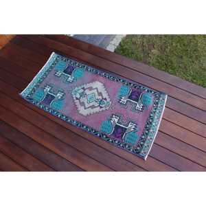 Tapis turc vintage, tapis de 1,6 x 3,3 pieds, tapis en laine violet bleu style sud-ouest - Product Image 3