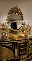 Coiffeuse de luxe moderne en teck massif sculpté avec miroir pliable finition dorée, ensemble de meubles de chambre à coucher 4 tiroirs, à poser au sol/mur