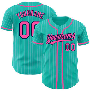 Maillot de baseball personnalisé uniforme d'équipe boutonné bleu sarcelle et rose à fines rayures nom personnalisé numéro 100% tissu polyester à séchage rapide - Product Image 1