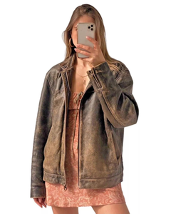 Chaqueta antigua de cuero desgastado de gran tamaño para mujer, abrigo holgado de cuero de oveja genuino de motorista ligero - Product Image 1