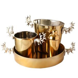 ถังเบียร์แชมเปญน้ำแข็งพร้อมถาดกลมทำจากโลหะสแตนเลสหัวกวางชุบทองดีไซน์หรูหรา - Product Image 1