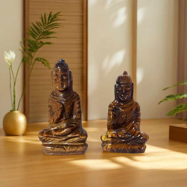 Handmade Tiger Eye Crystal Buddha Sculpture Natural Semi-Precious Stone Carving Feng Shui Artfully Crafted Healing Buddha Carved