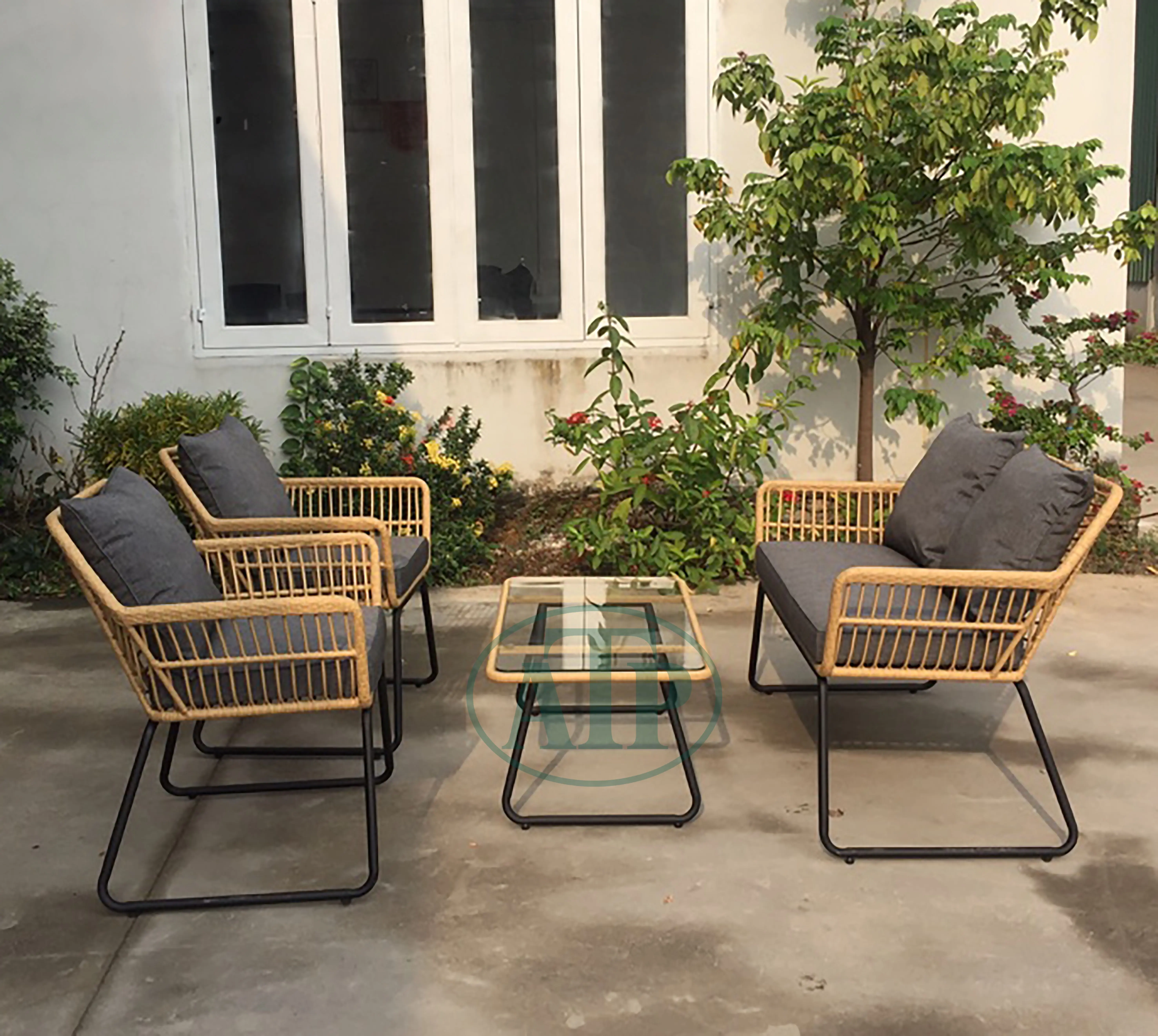 Moderno Pátio Set Armação de aço galvanizado com sofá rattan conjunto KD Mobiliário ao ar livre feita pela fabricação Viet Nam