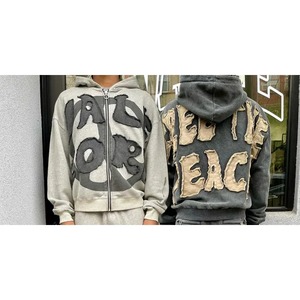 Survêtement unisexe personnalisé délavé à l'acide avec fermeture éclair, grande taille, effet vieilli, patch brodé, streetwear, sweat à capuche évasé brut, hiver - Product Image 5