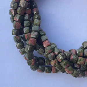 6mm 8mm 10mm Natural Green Pink Unakite Stone Faceted Cube Box Gemstones Beads Strand Trending String Buy for Jewelry Making Now