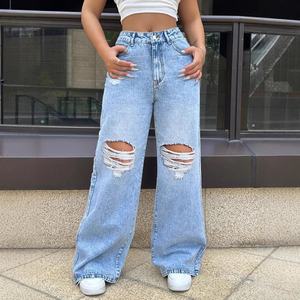 Nouveau jean déchiré et délavé, pantalon en denim ample à jambes larges, jean décontracté pour femmes - Product Image 1