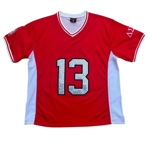 DST maglia da calcio rosso con finiture bianche con ricami di paillettes Glitter numeri 13 e 24 Delta confraternita greco Life abbigliamento donna - Product Image 3