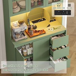 Meuble de rangement autoportant moderne vert OEM pour micro-ondes et station café, avec double porte vitrée, armoire haute de salle à manger avec tiroirs - Product Image 4