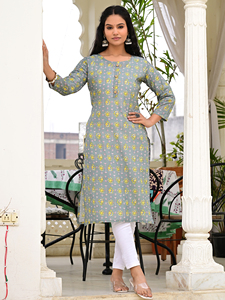 Kurti en coton gris à imprimé floral pour femmes, col droit sans col, manches trois quarts, décontracté, ethnique, pour les fêtes, séchage rapide - Product Image 2