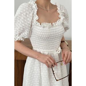 White Smocked Broderie <b>Dress</b> - White - Product Image 4