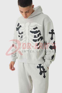 Oversized <b>Grey</b> Custom Puff Print Stacked Tracksuit 530GSM Cotton Fleece Boxy Skeleton Cross Halloween Tracksuit - Product Image 3