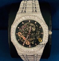 Montre analogique squelette en acier inoxydable entièrement sertie de moissanite, cadran en verre, diamants taille brillant, édition limitée, très demandée