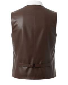 Gilet formel classique pour homme en cuir véritable marron, sans manches, boutonné sur le devant, avec col en V - Product Image 3