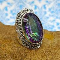 Desain trendi batu permata Topaz mistik alami batu potong Oval 925 perak murni cincin perhiasan pernikahan harga grosir
