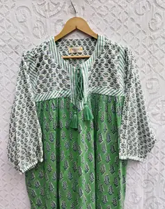 Gaun katun motif blok tangan mewah untuk pakaian wanita, gaun Bohemian motif bunga dengan kerah & saku rumbai simpul dasi