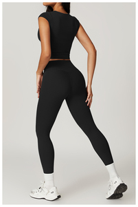 Camiseta de manga corta y conjunto de mallas, traje de entrenamiento, ropa deportiva para mujer, conjunto de Yoga y Fitness de cintura alta - Product Image 3