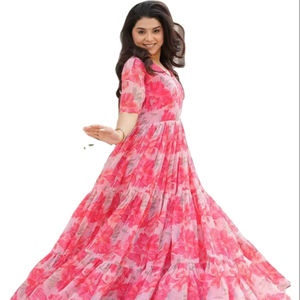 Falso Georgette con gran estilo elegante estampado Floral patrón de media manga largo vestido Anarkali para mujeres y niñas - Product Image 1