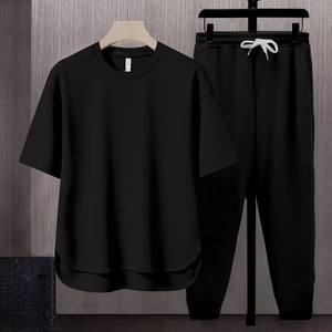 Ensemble deux pièces décontracté pour homme de style japonais, fabrication OEM directe, couleur unie, grande taille, 5 couleurs, t-shirt et pantalon - Product Image 3