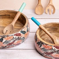 Bol de service en bois fabriqué à la main avec cuillère de service conception de feuille d'émail multi vente chaude pour servir des fruits à la maison et en fête