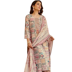 Tela de lino y algodón, diseño colorido, moda del sur de Asia, cuello redondo, bordado hasta la rodilla, conjunto de Kurti de alta moda para mujer - Product Image 1