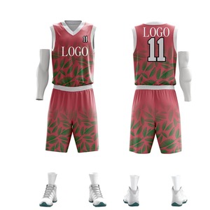 Conjunto de Uniforme de Baloncesto Personalizado Unisex, Estampado de Hojas Rojas y Verdes, Sublimado, Transpirable, Camiseta sin Mangas y Pantalones Cortos, 100% Poliéster - Product Image 1
