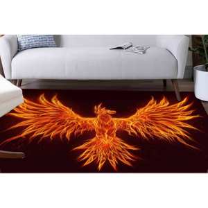 Tapis noir et rouge - Tapis en chenille imprimé avec un motif de phénix, tapis à poils doux - Product Image 1