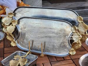 Handmade Gold Leaf Handles Silver Metal Recyclable Dishwasher Safe Serving <b>Tray</b> Home Decor Wedding Party Rectangular Decorative - Product Image 3