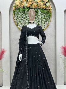 Style Bollywood Femme Noir Sequin Brodé Lehenga Choli avec Dupatta Faux Georgette Semi Cousu Taille 42 pour l'hiver - Product Image 4