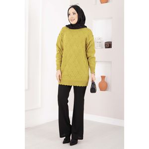 Pull en tricot décontracté pour fille avec pompons, motif Baklava, vert olive, respirant pour l'automne-hiver, logo frontal, boutons - Product Image 1