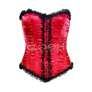 Corset sur mesure en satin rouge avec baleines en acier et volants noirs - Product Image 1