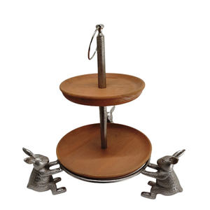 Support à gâteau rond de luxe à 2 niveaux avec poignée Plateau de service en aluminium et bois de manguier Décoration de cuisine d'hôtel Bambou acrylique - Product Image 2