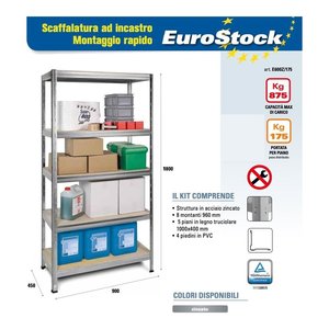 Eurostock - Kit de 5 Estantes Encajables Galvanizados E600Z175, 90x45x180cm, Unidades de Estantería - Product Image 2