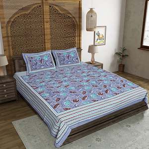 Jaipuri Print Double Bedsheet in Grey Cotton 240 TC with 2 Pillow Covers <b>King</b> <b>Size</b> 3-Pc Set 100% Cotton Home Use <b>Sheets</b> - Product Image 1