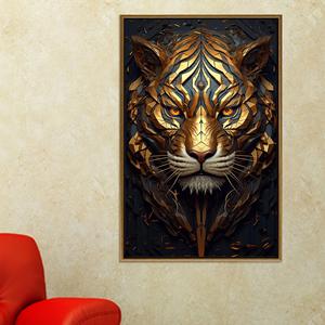 Impression sur toile de tigre géométrique : œuvre d'art décorative abstraite sur le thème de la jungle, toile encadrée dorée - Product Image 1