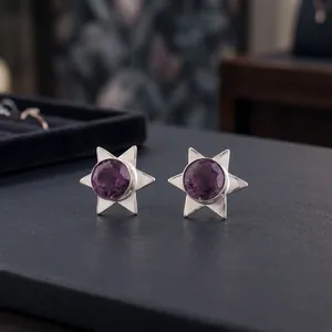 Boucles d'oreilles artisanales en améthyste violette, bijoux en argent sterling 925 plaqué, pour femmes et filles - Product Image 3