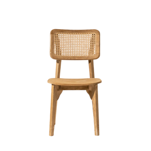Chaise de salle à manger en teck massif et rotin minimaliste moderne avec dossier en cannage naturel, écologique et durable pour un usage en appartement - Product Image 3