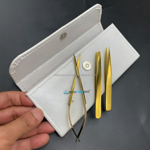 Pince à épiler cosmétique pour sourcils en acier inoxydable durable avec revêtement plasma doré, ensemble de pinces à épiler et ciseaux pour sourcils avec étui en cuir, LOGO personnalisé - Product Image 1